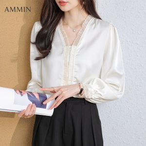 AMMIN ชุดเสื้อชีฟองคอวีแขนยาวผ้าซาตินแฟชั่นสไตล์สไตล์เกาหลีเหมาะสำหรับใส่ไปหรือไปลำลองเสื้อผ้าชีฟองแขนยาวอเนกประสงค์