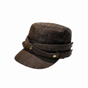 GONG4 Washed Denim Denim Flat Hat Cross Ribbon Metal Button Rivet Top Cap Strap Sun Cap Flat Crown Retro Equestrian Cap Trendy Women
