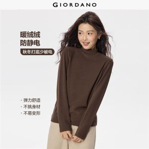 GIORDANO Women T-Shirts Double-Faced Fleece Soft Warm Tee Mock Neck Long Sleeve Solid Color Fashion Casual Tshirts 05325822