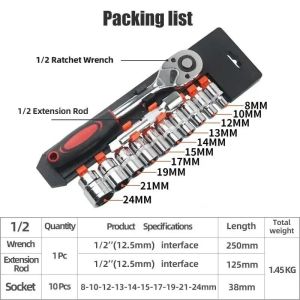 12PCS 1/2 inch Drive Ratchet Wrench CR-V Socket Kits Mechanic Spanner Car Repair Tool Set Tungsten Steel & Alloy Multi-Use Hand Tool Kit for Automotive Boat Motorcycle & Bicycle Maintenance