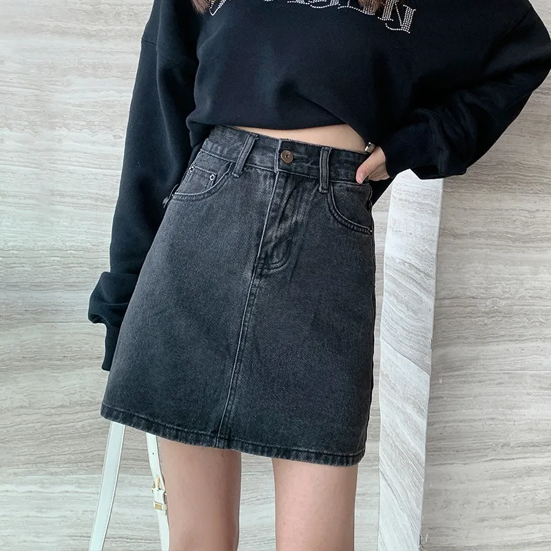 Black denim outlet skirt outfit korean