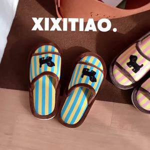 WY-XIXITIAO Indoor slippers Fun Little Black Dog Internet Celebrity Sweat-Absorbing Cotton Slippers Spring Summer Air-Conditioned Room Home Womens Personality Color-Block Striped Floor Shoes