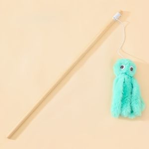 Feather Teaser Stick Interactive Cat Toy Self Play Wand Bell Plush Cartoon Wooden Training Alat Kucing