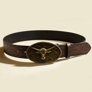 JAYQQ Bohemian Print Design Western Cowboy Belt Adjustable Length Leather Texture Vintage Casual Belt Casual Ox Head Carved Buckle Carved Buckle Belt Daily Commute