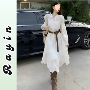 Váy tơ hai lớp cao cấp dáng ngắn dài váy nữ dáng suông dài tay kèm đai váy babydoll xếp ly cổ chữ V Rayin