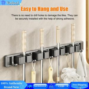 [Vodool Brand Center]Broom Holder Wall Mount Garage Storage Rack with Hooks Wall Mounted for House Bathroom Laundry Garden Tool Room Garage