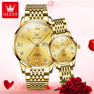 OLEVS Couple Watch Automatic Mechanical Movement Casual Stainless Steel Strap Diamond Dial Sapphire Mirror Gift Lover