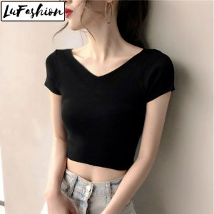 LuFashion Womens T-Shirts Crop Tops Slim Short Sleeve V-Neck Fashion