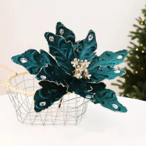 FFBH Glitter Velvet Christmas Poinsettia Pick DIY Craft Lifelike Flocked Magnolia Flowers Vibrant Colorful Fake Christmas Flowers K7M2P