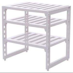 >SG Stock> Height Adjustable Under Sink Organizer Rack Countertop Organizer Rack Desktop Organizer Rack Kitchen Shelf Kitchen Rack Bathroom Organizers Rack Bathroom Storage Rack Kitchen Storage Rack Lid Holder Pan Holder Pot Storage Rack