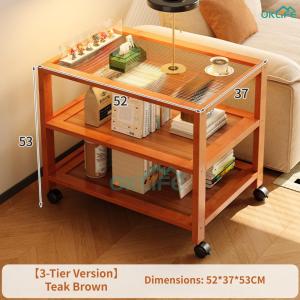 [OKLIFE. SG]Bamboo Rolling Side Table 3-Tier Mobile Storage Cart Glass Top Bamboo End Table