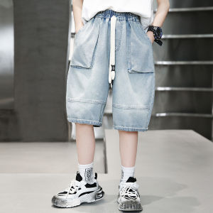 Kids Retro Blue Summer Mid-Calf Jeans For Boys Casual Denim Shorts With Pocket Teens Child Fashion Capris Pants Casual Bottom