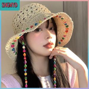 【SHGMYD】 หมวกฟางลูกปัดไม้สีสันสดใสทันสมัยสำหรับผู้หญิงในฤดูร้อนหมวกชาวประมงทรงกลวงขนาดใหญ่หมวกพับได้