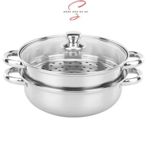 Nồi hấp 2 tầng Inox 304 cao cấp Xửng hấp 28 cm nắp vung kính dễ quan sát phù hợp hấp bánh bao hai sản giảm thời gian nấu ănv