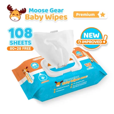 Moose Gear Baby Wipes Premium Powder Scent 108sheets with Vitamin E & Aloe Extract Thick & Soft