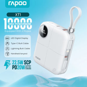 Rapoo XT1 10000mAh Power Bank Fast Charging Original Portable Mini PowerBank Built In 2 Cable 22.5W Type-C and 20W Lightning