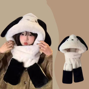 HOT การ์ตูนลายการ์ตูน ถุงมือผ้าพันคอหมวกตุ๊กตา ป้องกันหู กันลม ผ้าพันคอแบบ3-in-1 น่ารักน่ารักๆ เก็บความอบอุ่น หมวกสามชิ้น สำหรับผู้หญิง