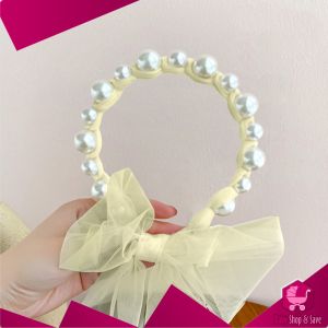 BabyShop-C935 Bandana Mutiara Pita Tulle Panjang Bisa diikat Wanita Korea / Bando Mutiara Tali Kepang Ribbon Pearl / Bando Anak Perempuan / Bando Tali Kepang Import
