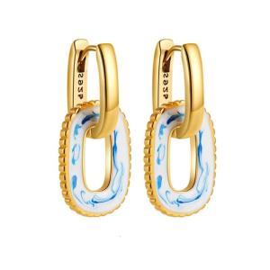 Classical Chinese Porcelain Ear Cuff Elegant Blue Pattern Copper Base For Women Sophisticated Daily Use