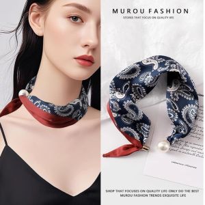 NOBLELUX Pearl Buckle Silk Scarf Printed Thin Neckerchief Fashion Lightweight Neck Scarf Women