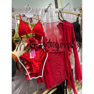 set bikini 4 mảnh đỏ kèm hoa cài