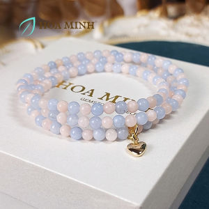 Vòng tay quấn 3 đá Beryl size hạt 4 li phối 2 màu xanh hồng charm trái tim xi vàng xinh xắn không kén mệnh | Hoa Minh Gem