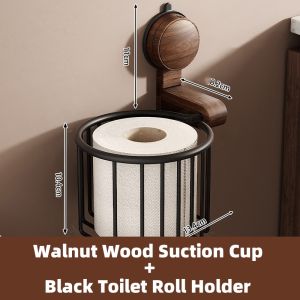 ที่ใส่กระดาษชำระแบบมีถ้วยดูดแข็งแรง ไม่ต้องเจาะ ที่ใส่กระดาษชำระติดผนัง กล่องใส่กระดาษชำระโลหะไม้เนื้อวอลนัท