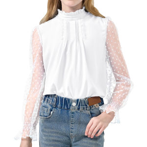 Rolanko Girls Long Sleeve Shirts Chiffon Blouses with Polka Dot Ruffle Cuffs Cute Frill Neck Tops for Girls Spring Fall 7-13Years