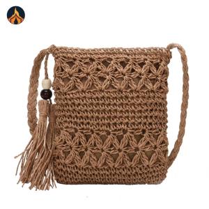 สีทึบพู่ไหล่กระเป๋าถือผู้หญิงทอชายหาด Casual Messenger กระเป๋า[Jocestyle Store]