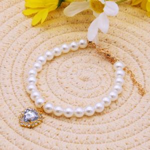 DGFDF Love-Hearts Pet Pearl Necklace Cute Adjustable Cat Love Hearts Collar Personalized Rhinestone Dog Neck Chain Puppy Necklet