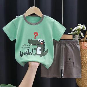 Babyonline (Y254)2I3-4/OF0-R ชุดเซ็ตเสื้อแขนสั้นกางเกงขาสั้นลายการ์ตูนสำหรับผู้เด็กชายและเด็กผู้หญิง ผ้าฝ้าย