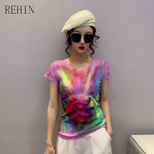 REHIN Womens T-shirt slim fit unique pattern rainbow colours print short sleeve shirt cotton t-shirts S-3XL blouse