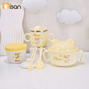 (Tặng 01 khay mây) Combo ăn dặm cao cấp MISAN có 1 cốc uống 1 bát ăn 1 hũ sứ và 1 thìa báo nóng