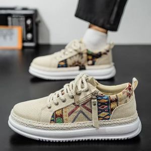 ZEEMIN Men Thick Sole Canvas Print Casual Board Shoes Spring Autumn New Ethnic Style Round Toe Lace Up Breathable Casual Sports Shoes