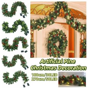 YOUYO 1.8/2.7m Artificial Pine Tree Decor 30/50 LED Lights Creative Artificial Vines Led String Lights Festive Pinecones Realistic Green Garland Home Decoration