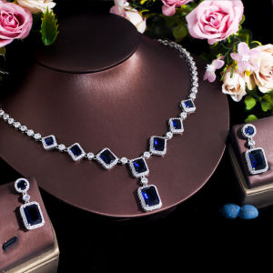 SEQUITO Fashion Brides Jewelry Set Paved Setting Princess Cut AAA Cubic Zirconia White Gold Plated Rectangle Pendant Necklace Earrings for Engagement Party SJ279