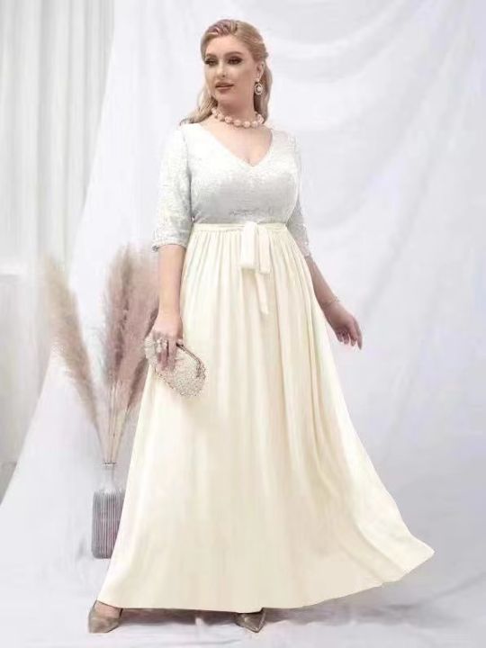 Beige Cream White Gown R#2206 Plus Size Casual Formal Lace Long