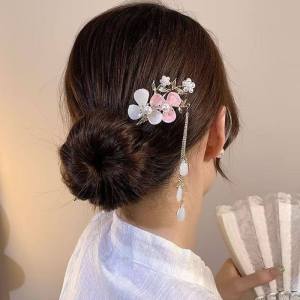 Cucuk Rambut Bunga 郁金香桃花流苏发簪 Flower Pearl Tassel Hair Pin 新中式后脑勺盘发发钗古风汉服旗袍簪子头饰 Elegant Chinese Style