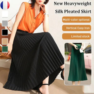 Womens satin pleated high waist A-line skirt long skirt fashion all-match style