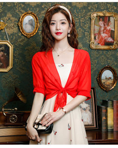 Impression Fshion Women Korean Chiffon Plain 3/4 Sleeve Front-tie Short Sun-protective Shawl Cardigan
