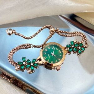 DRESSPLUS Double Layered Chain Womens Bracelet Watch Flower Quartz Wristwatch Elegant Ladies Business Watches Vintage Pull Type Rhinestone Quartz Watch Daily Use