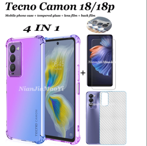 4in1 for Tecno Camon 18/18p/18 Premier Camon 19/19pro gradient color phone case + transparent borderless tempered glass + carbon fiber back film Tecno17/17p/17pro phone case