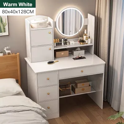 Topehome Dressing Table Home Vanity Table Make Up Desk With LED Mirror Bedroom Desk Small Apartment Storage Cabinet