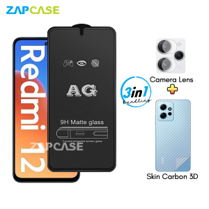 Xioami Redmi 12 4G PAKET 3in1 Tempered Glass Anti Glare Free Camera Lens dan Skin Carbon