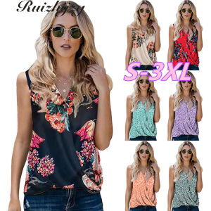 Ruizhijzg Shirt Blouse Sleeveless Women Summer Print Ladies V-neck Top Plus Size Loose Office Wear Casual Korea Fashion Style Plus Big Size
