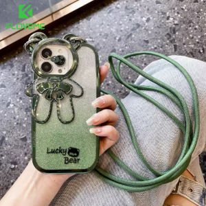 FLOVEME With Crossbody Lanyard Strap Gradient Glitter Phone Case For iphone 15 14 13 12 11 Pro Max 14 Plus Plating With Bear Lens Stand Full Protection Soft TPU Shockproof Back Cover For iphone 15 14 13 12 11