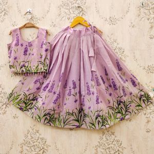 Stylish lavender kids lehenga choli with floral prints & pleated flare (PRE - ORDER DELIVERY IN 14 DAYS)