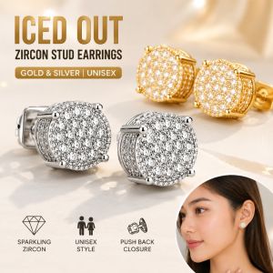 Iced Out Zircon Stud Earrings for Men Women Gold Silver Bling Crystal Round Hip Hop Punk Jewelry Fashion Earrings for Party Streetwear Daily Wear Gift