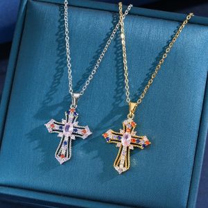 Rainbow Cross Pendant Necklace Colorful Shiny Rhinestones Charm Necklace Dainty Faith Cross Pendant Necklace Faith Christian Costume Accessories Jewelry for Women