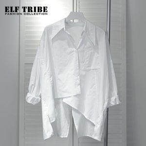 ELF TRIBE New Korean Style Blouse Thin Loose Back Slit Long-sleeved Irregular Shirt for Women